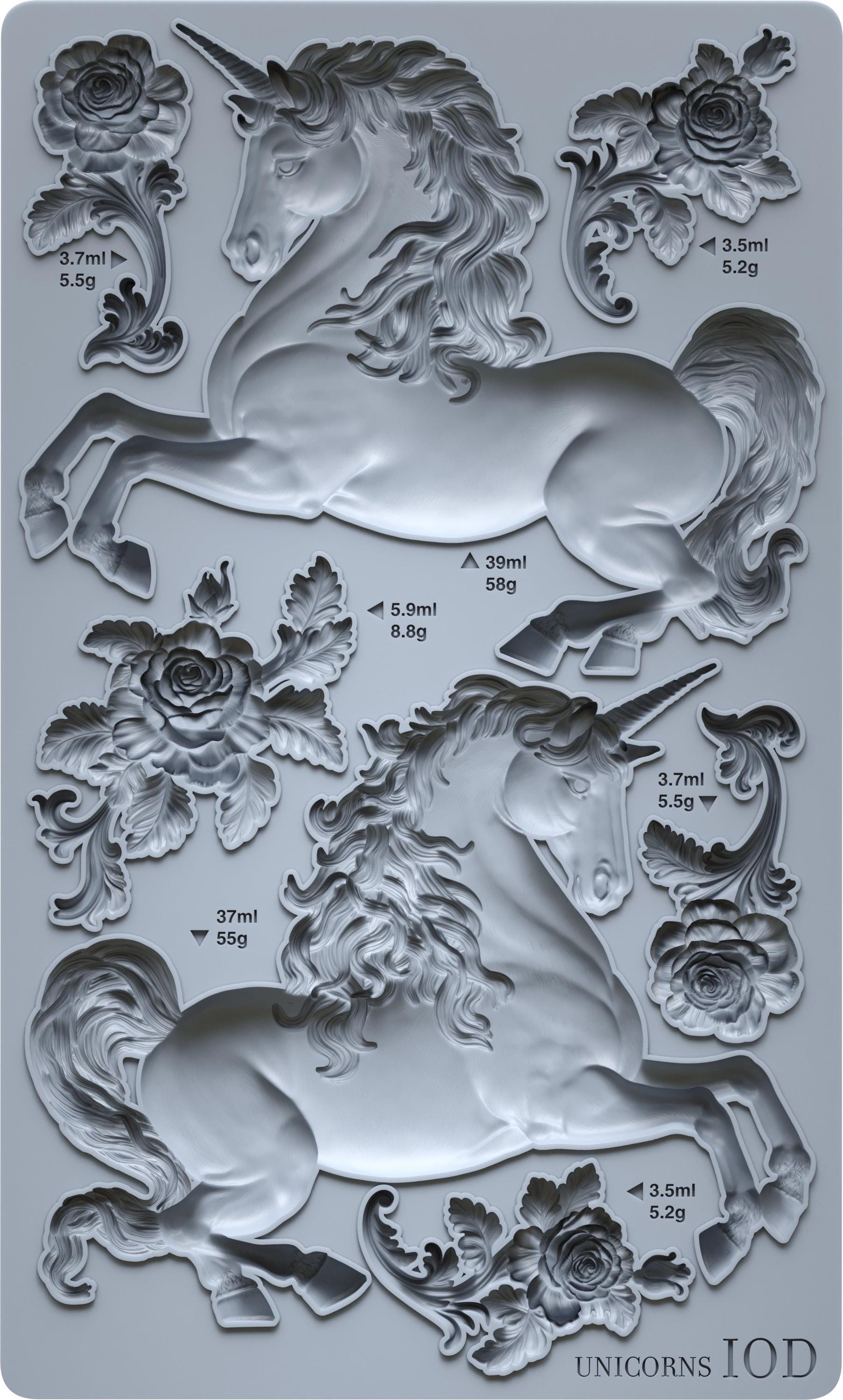 May include: A gray silicone mold featuring detailed unicorn designs and floral accents. Includes various sizes, with measurements in milliliters and grams. The text "UNICORNS IOD" is visible at the bottom.